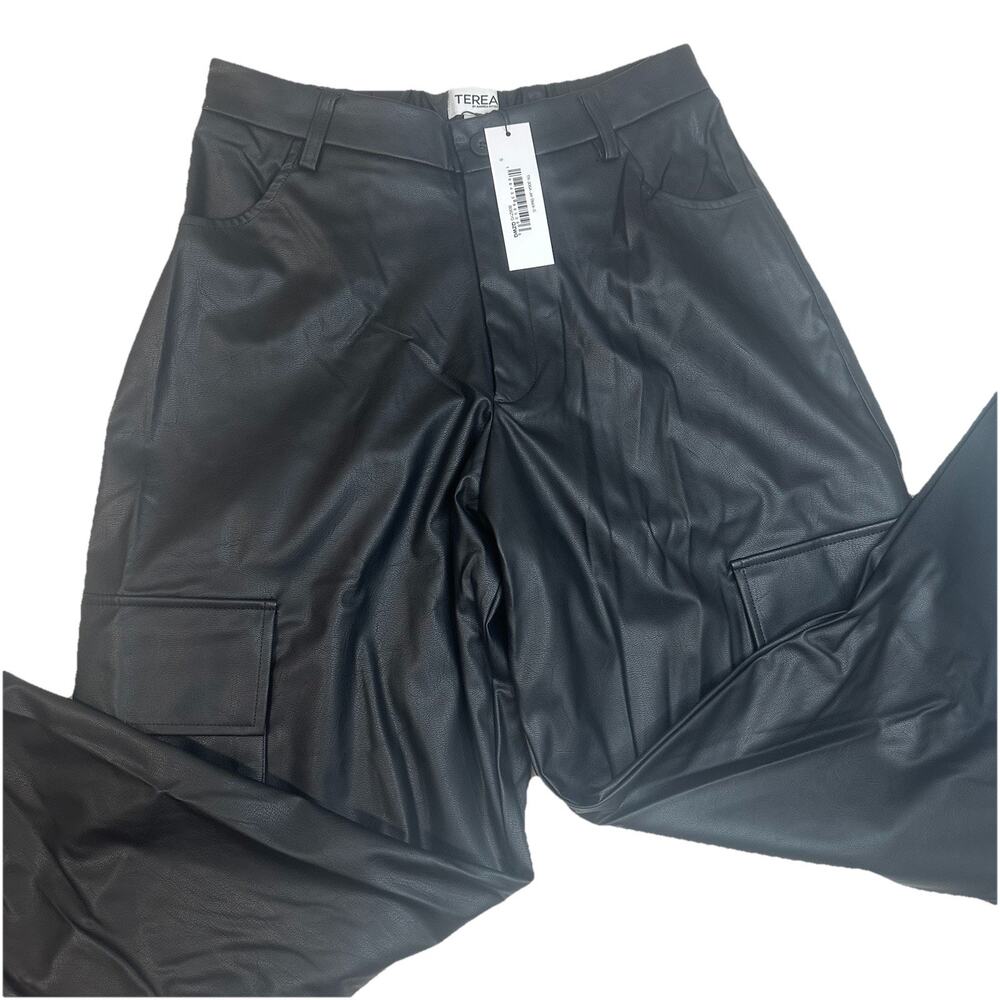Terea by Andrea Pitter Women's Black Faux Leather Pants Sport Pockets Small NWT